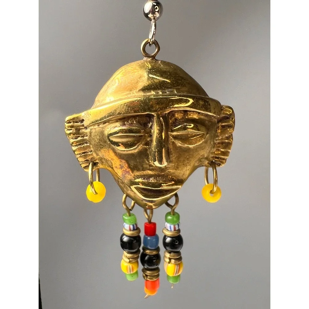 Hand Cast African Tribal Brass Mask Beaded Multicolor Dangle Earrings